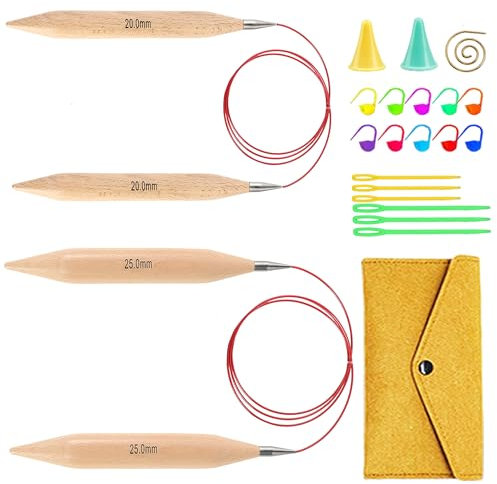Knitiss Circular Knitting Needles Set 20mm and 25.0mm, Large Beech Wood Round Knitting Needles with 40 (100cm) Cable for Chunky Yarn