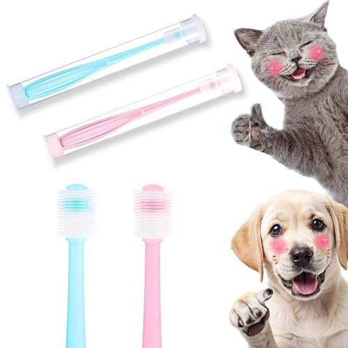 2 Stück Klein Hunde und Katzen Zahnbürste,360-Grad-Katzenzahnbürste Weiche Silikon-Zahnpflege Haustiere zahnbürste mit Aufbewahrungsbehälter für Tiefenreinigung der Zähne von Kleinen Hunden und Katzen