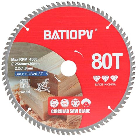 BATIOPV Lame de scie circulaire 254 x 30 mm (80 dents) pour bois, panneaux de particules, contreplaqué, bois dur, etc. Compatible avec Dewalt Makita Bosch