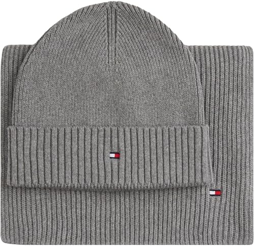 Tommy Hilfiger Herren Geschenk-Set Flag Schal und Mütze, Grau (Mid Grey Heather), Einheitsgröße