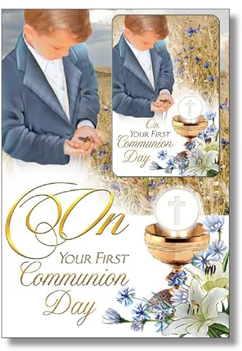 First Holy Communion Day Boy Celebration Card and Matching Prayer Card