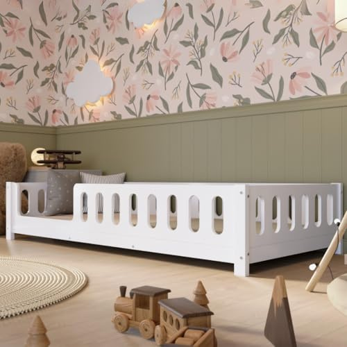 Crazy Pine Kinderbett 90x200 cm – Weißes Montessori Bodenbett mit Rausfallschutz aus MDF – Sicheres Kleinkindbett mit Abgerundeten Kanten – Einstieg Links – Einfache Montage – Crazy Ethan