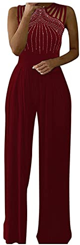 YIzdegg elegant jumpsuit dam för bröllop lekdräkter långa vida ben byxor hög midja elegant onepiece party breda ben byxkostym bodysuit hängselbyxor med fickor, vin, XXL