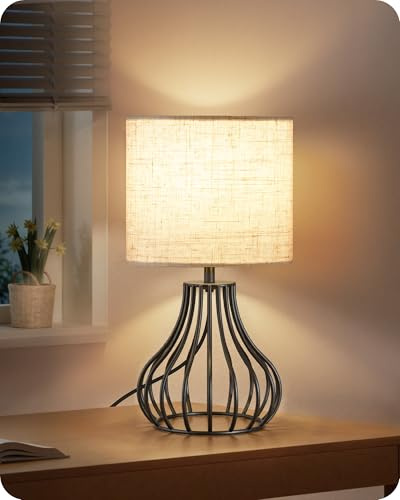 GOEBLESON Kleine Nachttischlampe, moderne Tischlampe mit Metallkäfigbasis und Leinenschirm, Fensterbank Lampe, mit E27 4W LED Birne, für Schlafzimmer, Wohnzimmer, Beige und Schwarz ZE10TLD05N1