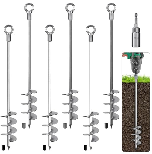 Benelabel Ancrages de Sol, 61cm Piquet Ancrage Piquet de Trampoline à Visser 6pcs Pointes TempêTe MéTal pour BalançOire/Camping/Abri/Chien/Abri Jardin avec Anneau Fixe Sac Rangement, Argenté