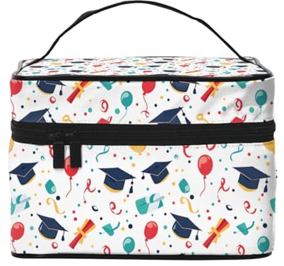 Graduation Cap Balloon Print Makeup Bag Toiletry Bags, Cute Cosmetic Bags for Women, Large Travel Make Up Organizer Bag