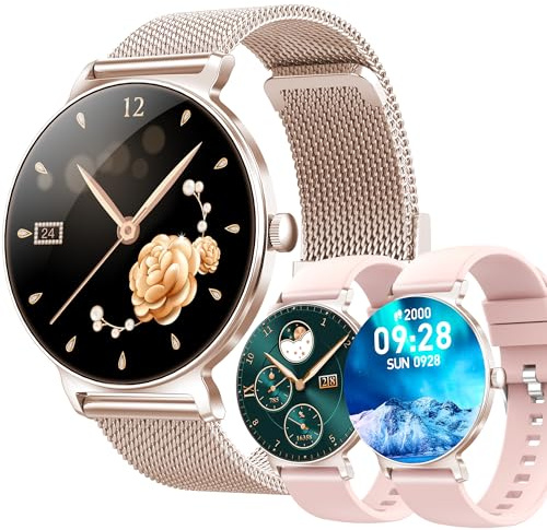 1,27 AMOLED Montre Connectée Femme avec Appel Bluetooth 5,2/Numérotation, Smartwatch Compatible Samsung Huawei Android iOS Podometre GPS Partagé Montre 123 Sports Cardiofrequencemetre (Doré)