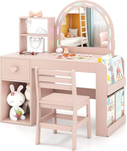 RELAX4LIFE Tocador de Maquillaje Niña con Luces LED Coloridas y Espejo | Silla, 3 Accesorios, Estantería de 2 Niveles y Librería, Tocador Niña Infantil con Cajón para Niños de 3+ Años