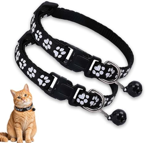 MKEAWWU Collar Personalizado Para Gato, 2 Unidades, Negro, Con Cascabel, Hebilla Segura, Talla S Ajustable 19-32 Cm