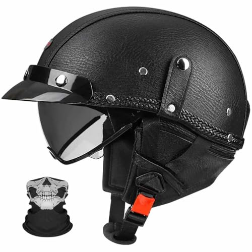 BCYBD Casque Moto Jet Demi-Casque Vintage Homologué ECE 22.06 | avec Visière Rétractable et Masque,Coque ABS Cuir,pour Homme Femme,M-2XL (57-64 cm)