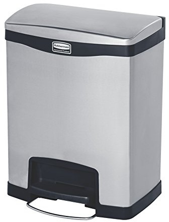 Rubbermaid Commercial Products Impressions Metal Step On Trash Can, Front Step, 8 GAL, Stainless Steel Black, Indoor for Hospitals/Office Spaces/Restaurants