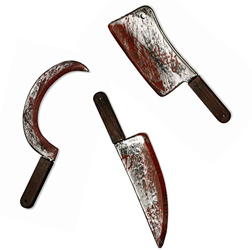 (LOT OF 3) BLOODY WEAPONS Cleaver, Sickle & Knife - Halloween Props