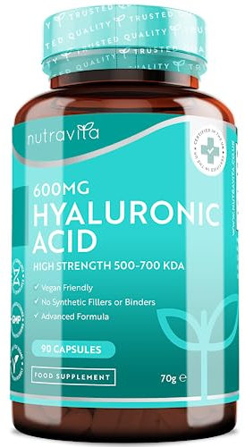 Nutravita® 600mg Hyaluronsäure Kapseln hochdosiert - Mit 600mg pro Kapsel - 500-700 kDa – 90 Kapseln (3 Monate) - Chargengetestet und zertifiziert von einem unabhängigen deutschen Labor – Vegan