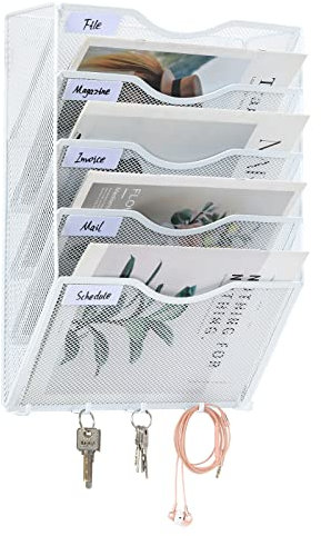 EasyPAG 5 Fächer Metall A4 Zeitschriften Wandhalter Zeitschriftenhalter Wand Aktenablage Dokumentenhalter Magazin Wandhalterung Post Organizer Prospektspender Flyerhalter Hängend mit 5 Haken,Weiß