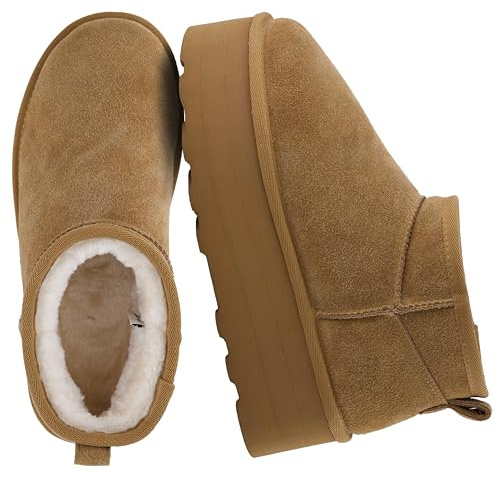 CUSHIONAIRE Hippy Women’s Platform Ankle Boots – Genuine Suede, Faux Fur Lining, Cozy Winter Slip-On Design Mini boots, CHESTNUT 6