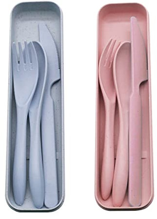 VicBou Travel Cutlery Set with Case, 2 Sets Portable Camping Cutlery, Reusable Spoon Fork Knife Sets for Travel Picnic School Camping Outdoor or Daily Use,(Blue, Pink)