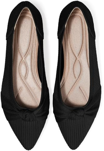 TINGRISE Women's Flats Shoes Comfortable Dressy Pointed Toe Knit Washable Ballet Flat Black US10