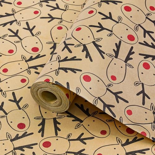 Koncci Christmas Wrapping Paper Roll, 43cm*15m Recyclable Brown Kraft Xmas Wrapping Paper, Reindeer Head Design, for Xmas Gift Wrap, Party Decoration