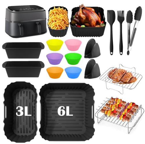 YADOBIG Moule Air Fryer Compatible avec Philips Airfryer Dual Basket 3000 Series 6L/3L, NA350 Accessoires Airfryer Inclus Moule Silicone pour Air Fryer, Grille Barbecue, Moules à Pain etc
