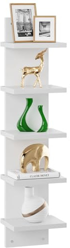IBUYKE Estantería de pared de 5 niveles, estante vertical blanco, organizador con diseño de torre alta, estantería decorativa de montaje en pared para el hogar, dormitorio, decoración de oficina