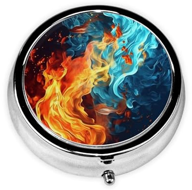 Round Pill Case for Purse or Pocket 2 Compartment Medicine Pill Box Portable Small Pill Organizer Fire and Water Pattern Pillbox Travel Medicine Vitamin Cod Liver Oil Storage Box