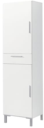 Venprodin - Armoire haute avec pieds métalliques - 2 portes et 1 tiroir - 188 x 41 x 35 cm - MDF laqué blanc et mélamine - Design moderne et compact - Idéal pour la maison et optimiser les espaces