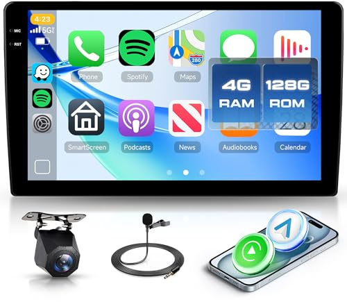 4G+128G Android Radio de Coche 2 DIN 10 Pulgadas Pantalla 2 DIN IN-Cell con Carplay Android Auto Inalámbrico Navegación GPS Mirror Link Bluetooth WiFi FM/RDS/EQ Controles del Volante Cámara Trasera