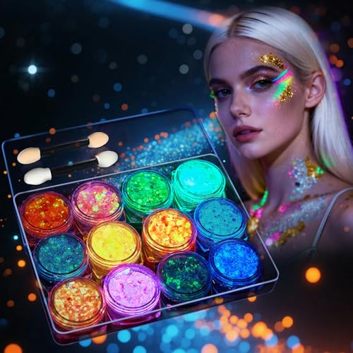 Sularpek Face Glitter 12 Colour Glitter Set for Face and Body Waterproof Festival Makeup Glitter Gel with Storage Box Halloween Carnival