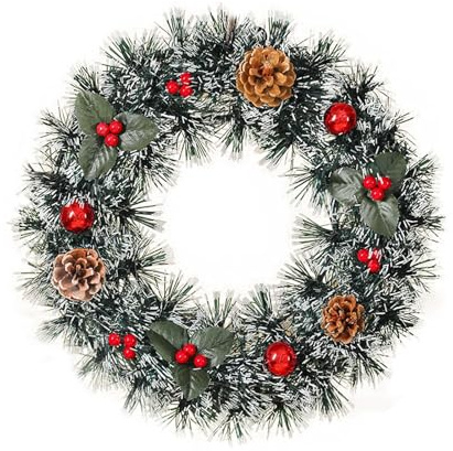 Corona de decoración de Navidad para puerta delantera, 24 pulgadas, vegetación navideña con bayas rojas, piñas y lazo para temporada de Navidad, fiesta, hogar, interior y exterior (rojo, 35 cm)