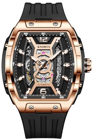 singmay Montre à tourbillon mécanique automatique pour homme avec cadran argenté, cadran squelette, étanche jusqu'à 30 m, bracelet en silicone, Or rose, Classique