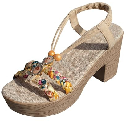 Plattform kil sandaler för kvinnor tjocka block låga klackar bohemiska sandaler elastisk ankelrem plattform uppklädd sandal öppen tå bekväma sommarklackar semester sommarskor, gUL, 39.5 EU