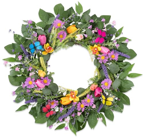 Enyhom Ganzjährig Türkranz für Haustür, 45cm Künstliche Blumen Kranz Frühling Sommer Außen Deko, Natur Frühlingskranz Aufhängen Türdeko für Wohnzimmer Wand Dekoration