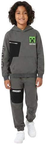 Minecraft Boys Tracksuit – Official Kids Hoodie & Joggers Set, Grey Creeper Cotton Gaming Tracksuit, Age 5-12 Years (UK, Age, 7 Years, 8 Years, Regular)
