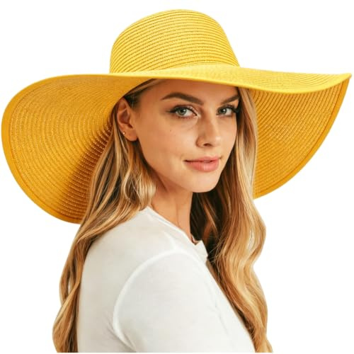 DRESHOW Femme Capeline Chapeau de Paille à Large Bord Casquettes Anti-Soleil Respirant Anti UV Chapeau de Paille Plage de Soleil UPF 50+