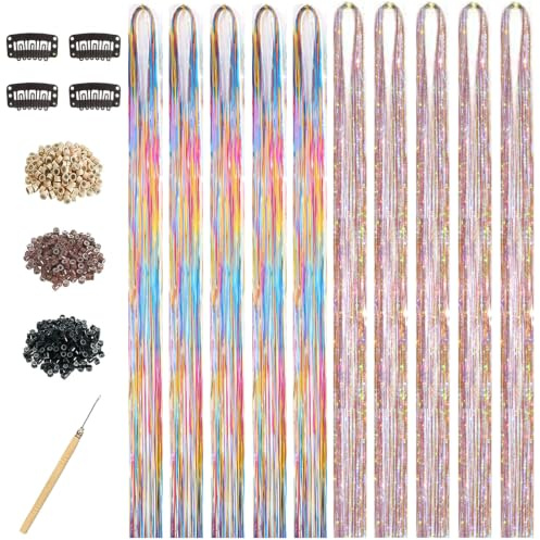 Hair Tinsel Kit for Girls, 10 Pcs 4200 Strands Fairy Tinsel Hair Extensions Holographic Hair Tinsel Heat Resistant Colored Hair Glitter Christmas Party Festival (Rainbow+Gold-Sliver-Pink)