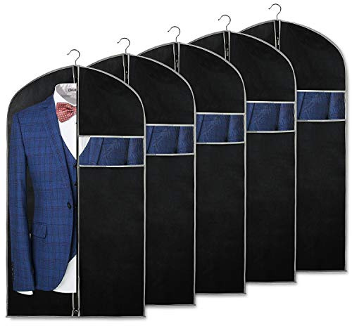 Syeeiex 40 Suit Bag, Set of 5 Garment Bags for Hanging Clothes, Suit Bags for Closet Storage, Garment Bags for Storage Suits,T-shirts, Jackets and Coats(Black & Grey)