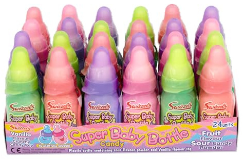 Swizzels Super Baby Bottles 24 Pack – Retro Sour Candy Powder Sweets with Vanilla Top, Novelty Party Bag Treats & Bulk Retro Sweets