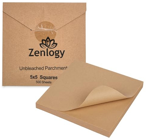 Zenlogy 5x5 Small Parchment Squares (500 sheets) - Unbleached, Non-stick, Pre-cut Parchment Paper- Ideal for Candy Wrappers, Liner Paper, Freezing and Storing, Separating, and Diamond Painting