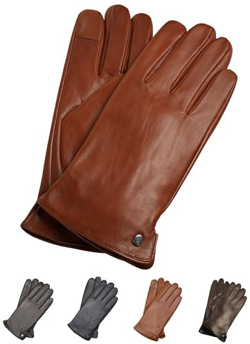 AKAROA ESTD 2019 Lederhandschuhe Herren TIM, Touchscreen Funktion, italienisches Leder, recyceltes Strickfutter aus 50% Kaschmir und 50% Wolle, 5 Größen S - XXL, cognac, S-8,5