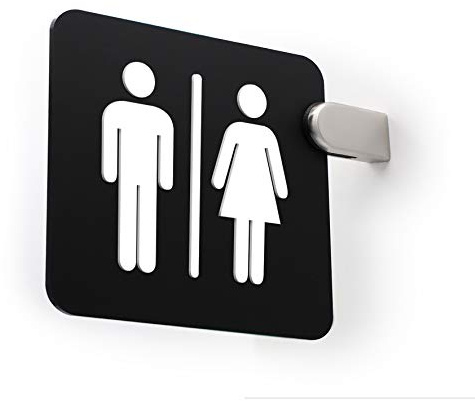 SIGNS - Segnale bifacciale a bandiera, a rilievo (bagno uomo donna, restroom, toilette, WC) [PROJ01]. Cartello sporgente per corridoio e ambienti. (Classic)