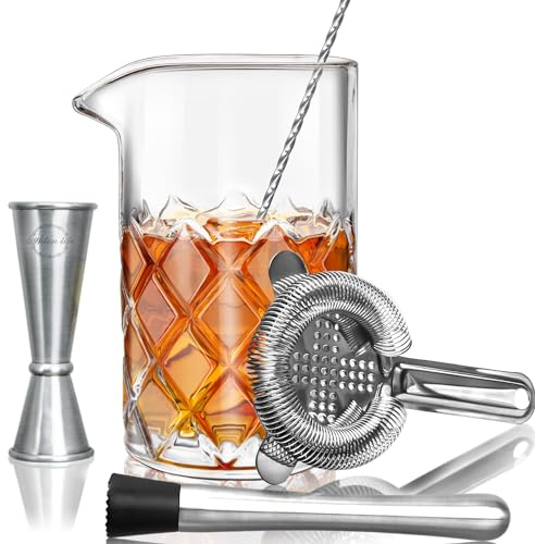 LIGHTEN LIFE Cocktail Mixing Glass Set,Bar Mixing Set with 20oz Crystal Thick Bottom Glass,Spoon, Jigger,Strainer and Muddle,5 Pieces Cocktail Mixing Glass Kits Perfect for Amateurs and Bartenders