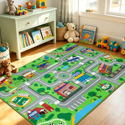 Capslpad Kids Play Rug Town City Road Car Mat 160x100 cm Kids Carpet Playmat Exercise Mat Learning Educational Area Rug for Children Boy Girl Toddler Bedroom Playroom, Green