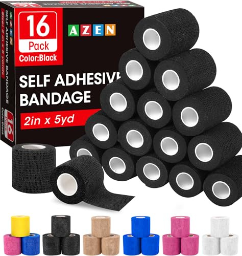 AZEN 16 Pack Self Adhesive Bandage Wrap Black, 2 X 5 Yards Black Athletic Tape, Vet Wrap, Tattoo Grip Tape Wrap，Ankle Tape, Cohesive Bandage Wrap