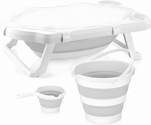 Große Faltbare Babywanne, Babywannen Set mit 33Liter, Baby Wanne Inkl. Badewanneneinsatz, Baby-Haarwaschbecher und Eimer. Babybadewanne Faltbar für Babys 0-6 Jahre, 82 x 48 x23 cm