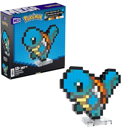 MEGA Pokémon Schiggy - zusammenbaubare Figur im Retro-Look, Pixel Art, 15 cm groß, inklusive Basis zur Wandmontage, für Erwachsene und erfahrene Sammler, HTH77