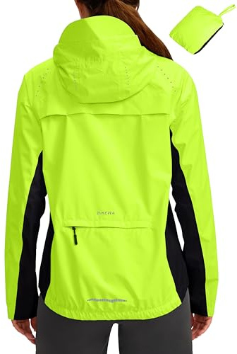 Bikewa Women's Cycling Rain Jackets Waterproof Windbreaker Lightweight Running Windproof Reflective Jacket Packable Hooded(Fluorescent Yellow/Black,M)