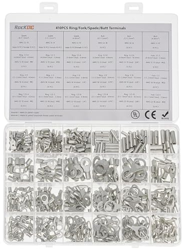RockDIG Electrical Wire Connectors, 410 PCS AWG 22-16 16-14 12-10 Gauge Non-Insulated Butt Spade Ring Terminal Lug Crimp Connectors Assortment Kit