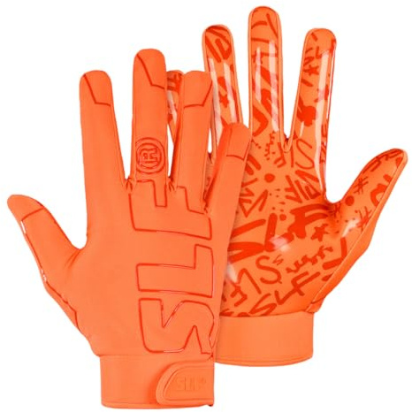 SLEEFS Youth Football Gloves for Boys and Girls, Orange Sticky Receiver Flag Football Gloves for Youth, Adult Men or Women, Stretch Fit, No Slip, Perfect Grip, Machine Washable, Large