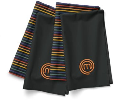 MasterChef Paños de Cocina Algodon 100%, Toallas/Trapos para Secar y mas, Juego de 4, Diseño a Rayas Multicolores, Apto para Lavadora, Resistente al Calor, Logotipo Bordado