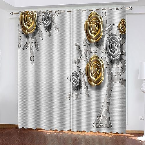 Skcess Gardinen mit Ösen, Vorhang Verdunkelung Goldorange Exotische Blumen Vorhang Polyester Gardinen 2er Set 107x115cm(WxH)